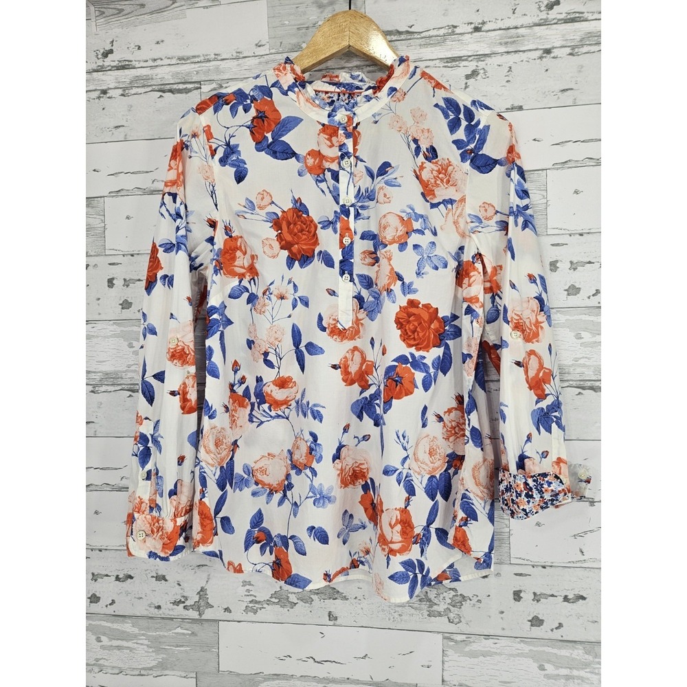 Talbots Petite Large LP Orange Blue Rose Floral Cotton Roll Tab Sleeve Blouse